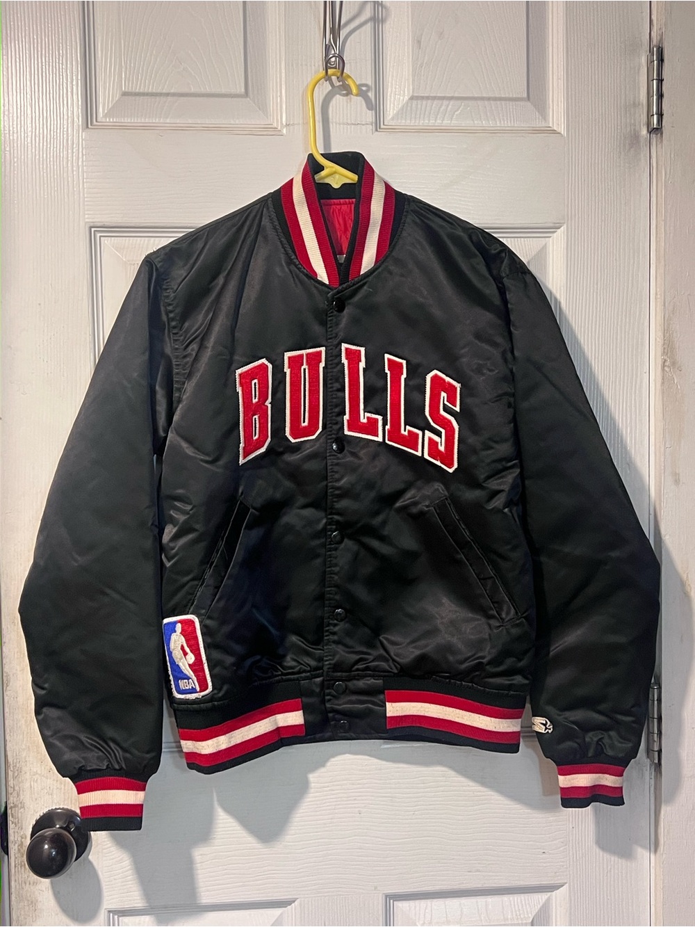 STARTER Black and Red Bulls Satin Varsity Jacket